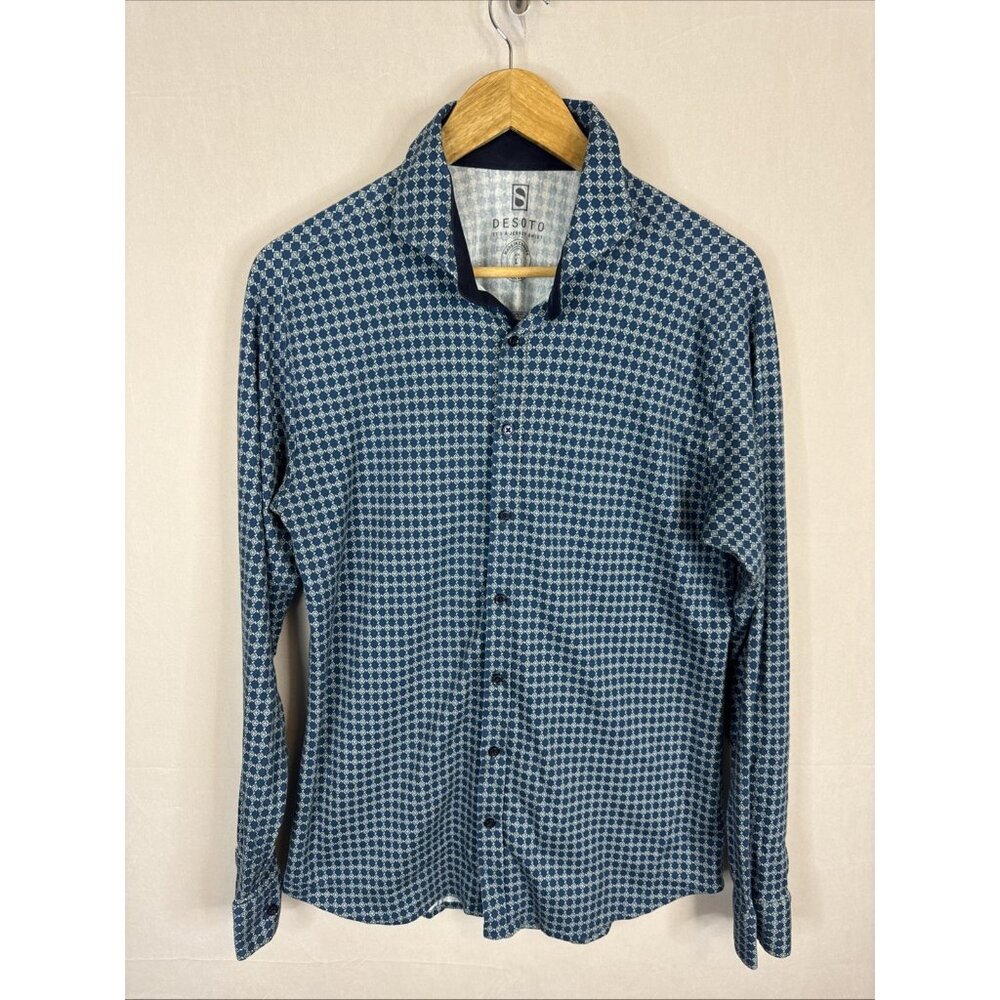 Desoto Long Sleeve Jersey Shirt Blue‎ Geometric Pattern Made in Europe Size L